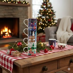 Xmas Porcelain Mugs 265ml 4Pcs (2 Designs)
