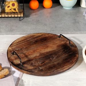 Round Wooden Serving Board with Handles