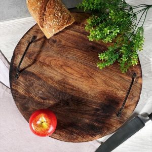 Round Wooden Serving Board with Handles