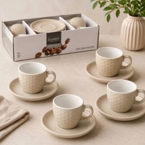 Stoneware Cup & Saucer Set 4 Pcs 90ml (2 Colours)