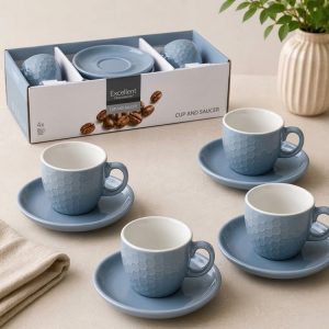 Stoneware Cup & Saucer Set 4 Pcs 90ml (2 Colours)