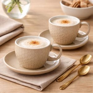 Stoneware Cup & Saucer Set 4 Pcs 200ml (2 Colours)