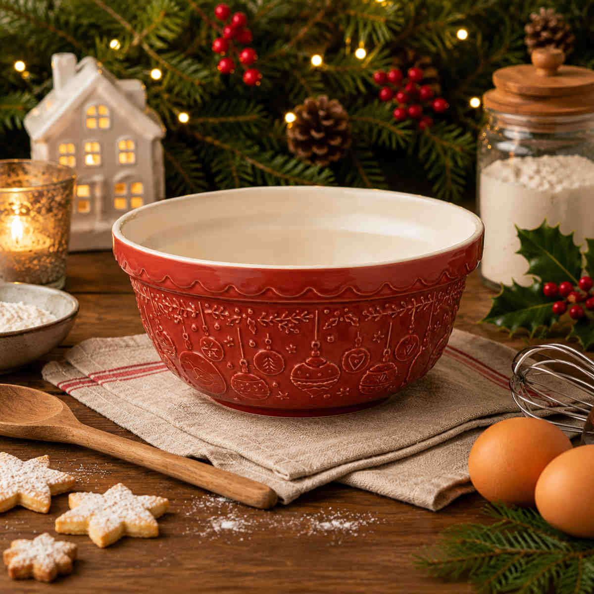 Mason Cash Deck The Halls 21cm red mixing bowl with embossed Christmas decorations, styled in a festive baking scene with cookies, eggs and Christmas greenery.