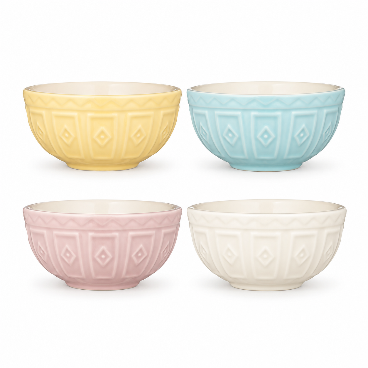 Mason Cash Colourmix set of four mini bowls in pastel yellow, blue, pink and cream, featuring embossed geometric detailing on a white background.