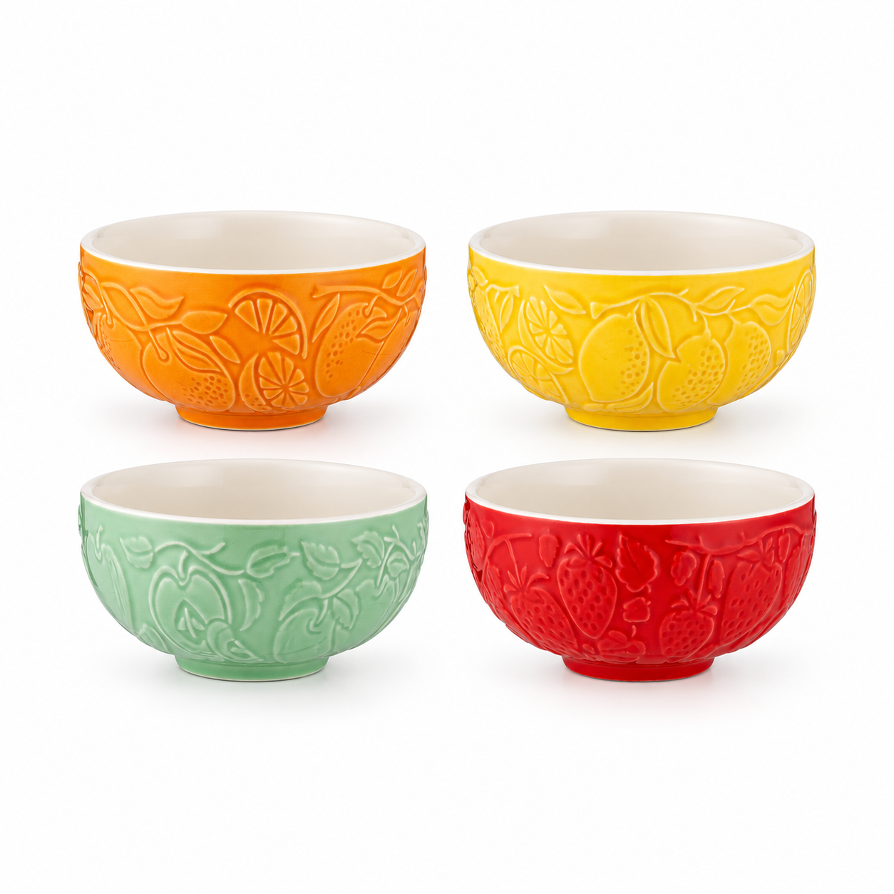 Mason Cash Fruits set of four mini bowls in orange, yellow, green and red, each featuring embossed fruit designs on a white background.