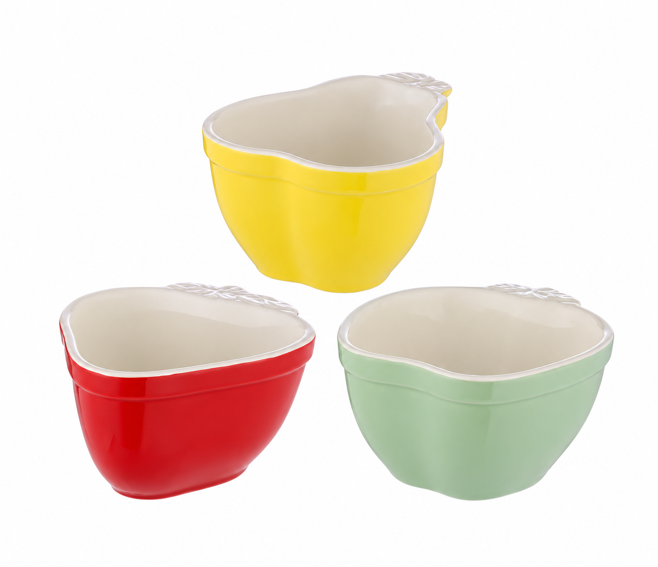 Mason Cash Fruits set of three ramekins in yellow, red and green, each with a cream interior and fruit-inspired shape, photographed on a white background.